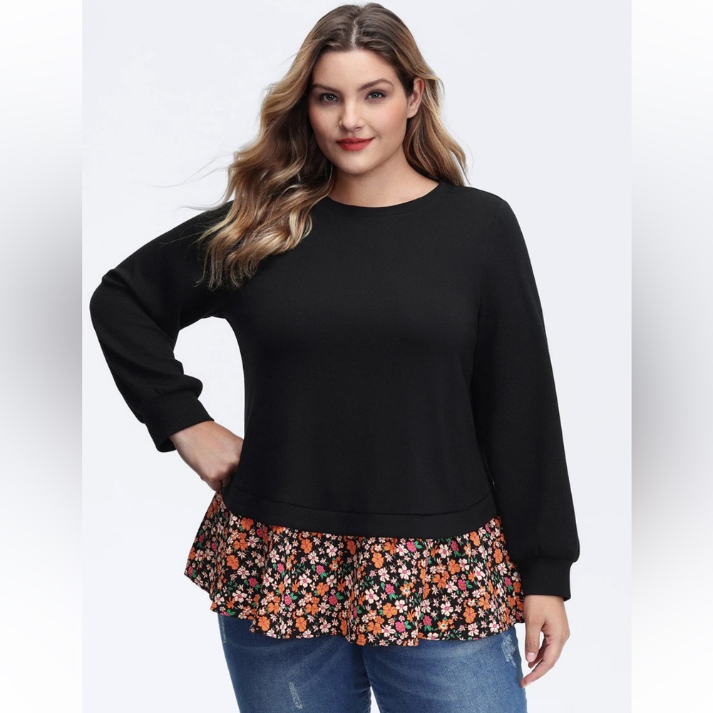 BloomChic Black Peplum Supersoft Floral Spliced Layered Sweatshirt